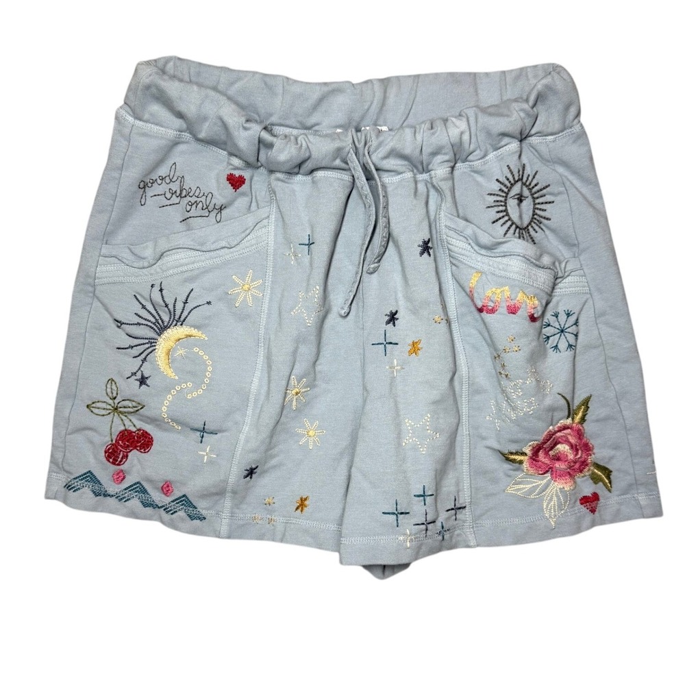 JW Los Angeles Johnny Was Celestial Embroidered Sweat Shorts Blue Small Boho